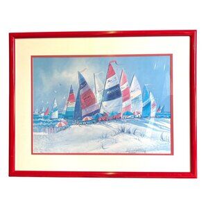 Richard E. Williams Retro 90's Red Framed Beach Boats Artist Signed Lithograph